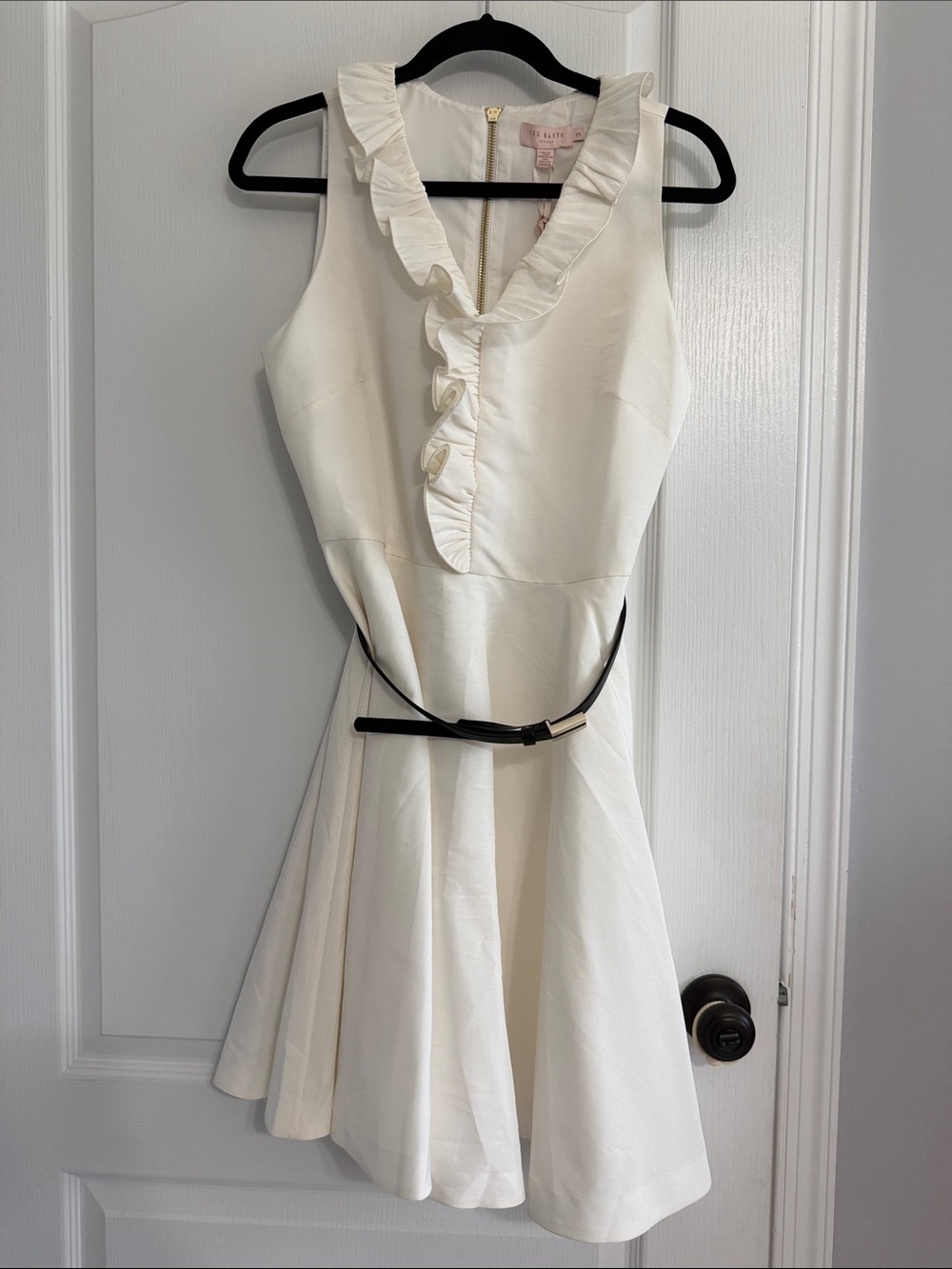 Ted Baker London Ivory Ruffle-Front Mini Dress with Black Belt
